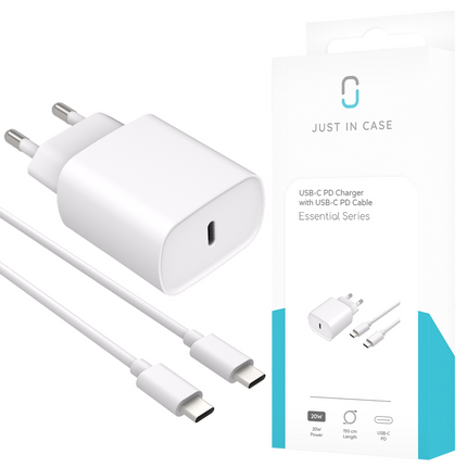 Essential USB-C PD Charger (20W) White + Essential USB-C PD Cable (150cm) White - Casebump